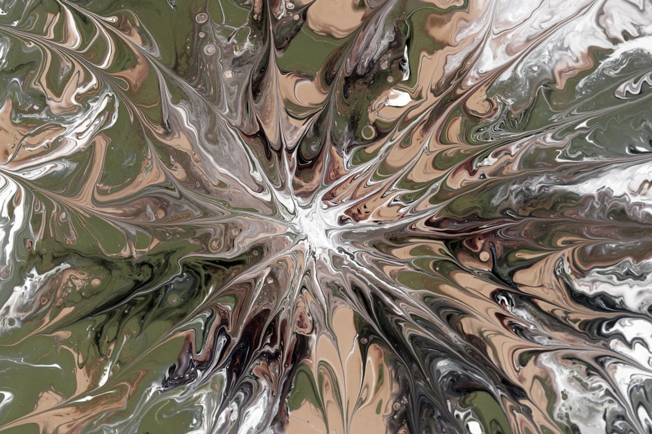 Dynamic abstract artwork with swirling brown and green patterns, resembling marble texture.